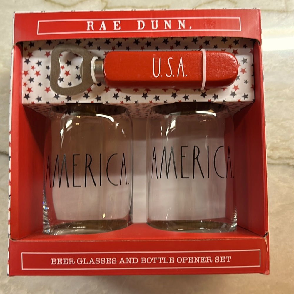 Rae Dunn Red USA Bottle Opener & "America" Beer Glasses Set